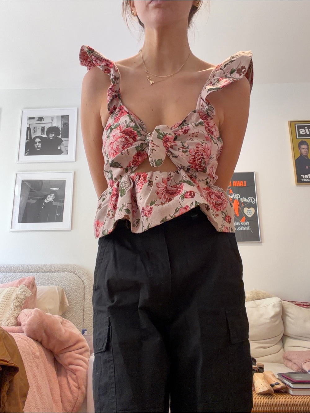 En Saison Pink Floral Tie-Front Ruffle Camisole